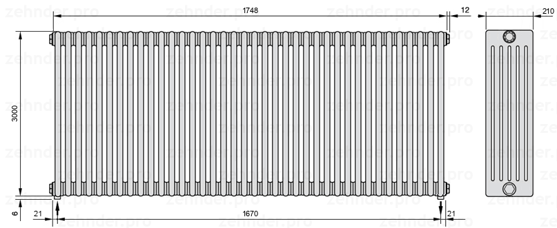 Схема (чертеж) Радиатор Zehnder Charleston 6300/38 №5310 Белый глянцевый RAL 9016